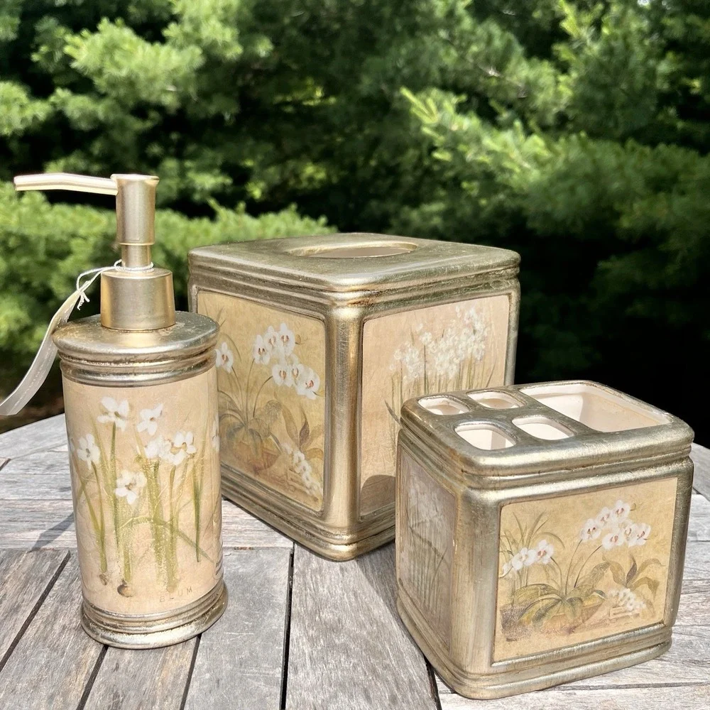 Croscill Narcissus Orchid Gold 3 Piece Bathroom Set Soap Pump Tissue Toothbrush